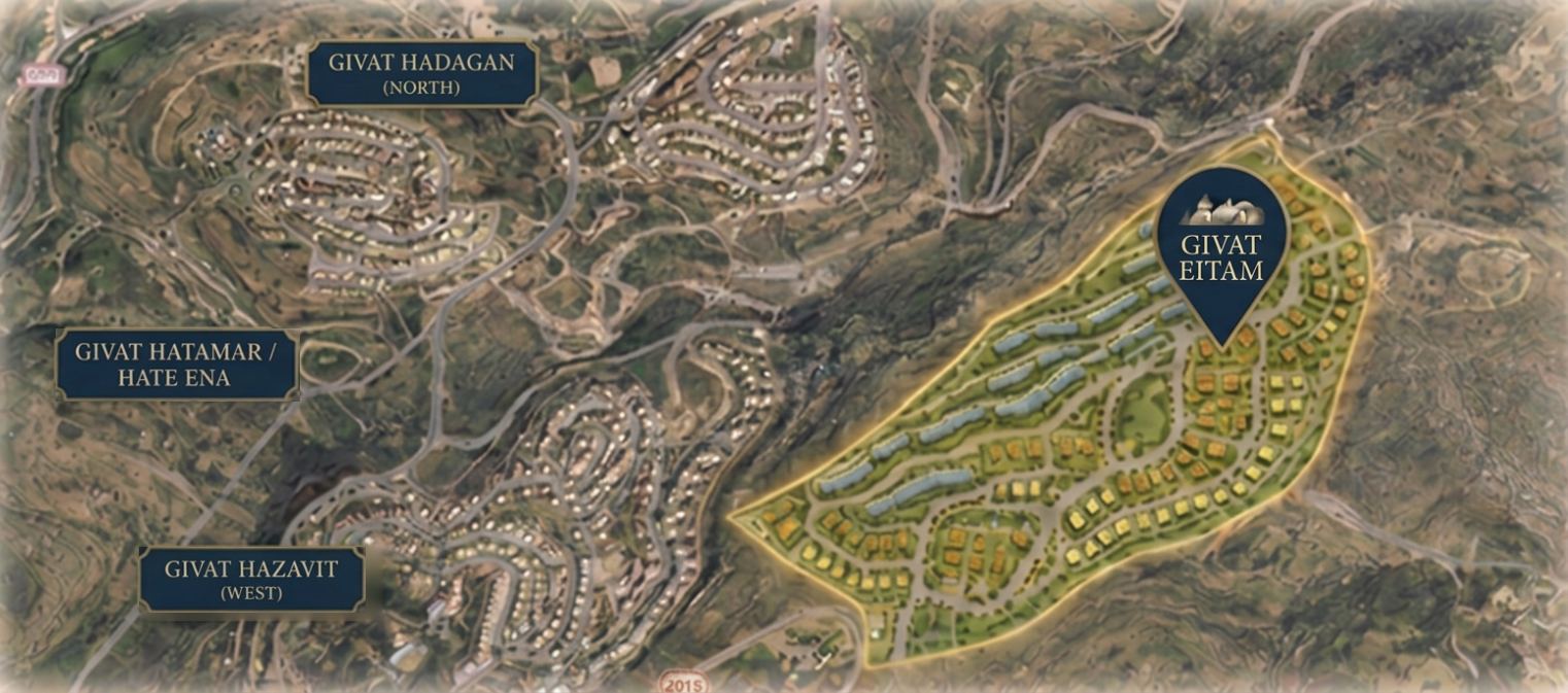 Aerial overview of Givat Eitam beside Efrat's neighbourhoods Givat HaDagan, Givat HaTamar and Givat HaZayit